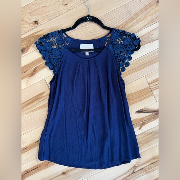 Skies Are Blue Tops - Skies Are Blue Navy Blue Crochet Sleeve Top